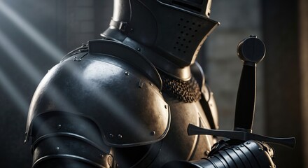 A medieval knight in dark plate armor holding a sword. Close-up of a historical warrior with a helmet in dramatic light. Fantasy and ancient warfare concept