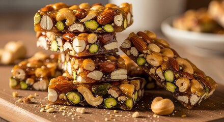 Crunchy Mixed Nut Brittle Bars with Almonds, Pistachios, Cashews, and Caramelized Sugar, A Classic Sweet Snack for Holidays, Gift Boxes, and Nut Lovers Seeking a Satisfying Treat

