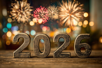celebrate 2026 fireworks with dark wooden numbers with scratches standing against dark sky over sparkling bokeh background, closeup, new years eve day, silvester, prosit, photorealistic