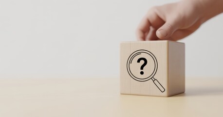 Unveiling Insights: A hand delicately interacts with a wooden block, adorned with the iconic question mark and magnifying glass. This visual embodies the core essence of investigation, discovery.