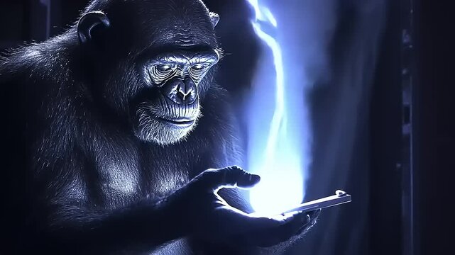 Intrigued Chimpanzee Manipulating Digital Energy on a Phone Screen Concept