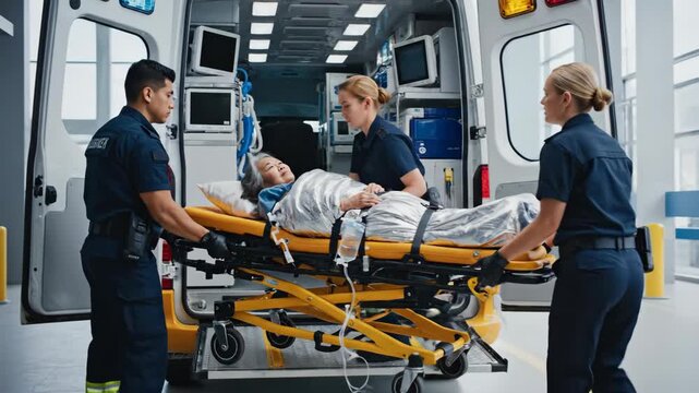 Emergency Medical Team Assisting Patient in Ambulance Transport