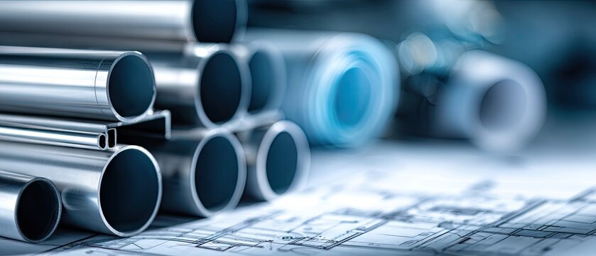 Stainless steel pipes stacked on architectural plans in a workshop, showcasing materials and blueprints for construction projects