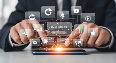 Digital Marketing Interface with Pie Chart, Video and Analytics Icons Above Smartphone