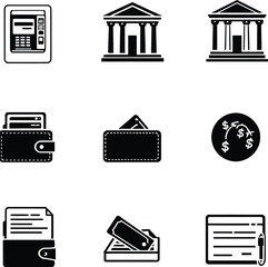A collection of black and white finance icons including atm bank wallet and money related symbols