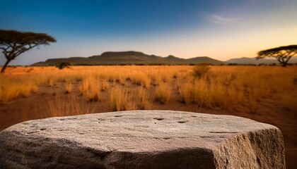 rough empty stone pedestal with africa savanna background