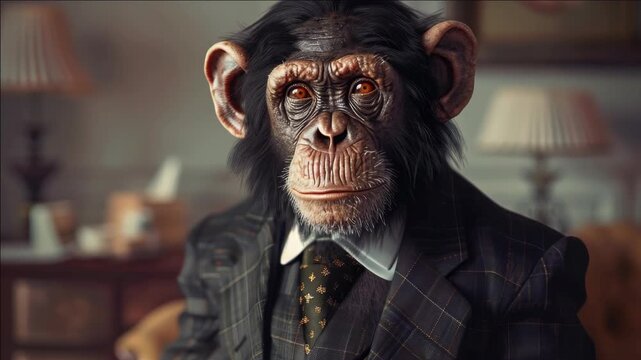 Shocked chimpanzee wearing a suit