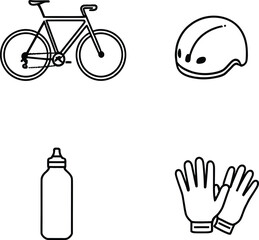 Line art showing a bicycle helmet water bottle and gloves on a white background in a square format