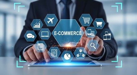 E-Commerce HUD Over Tablet — Analytics, Cart, Mobile and Search Icons