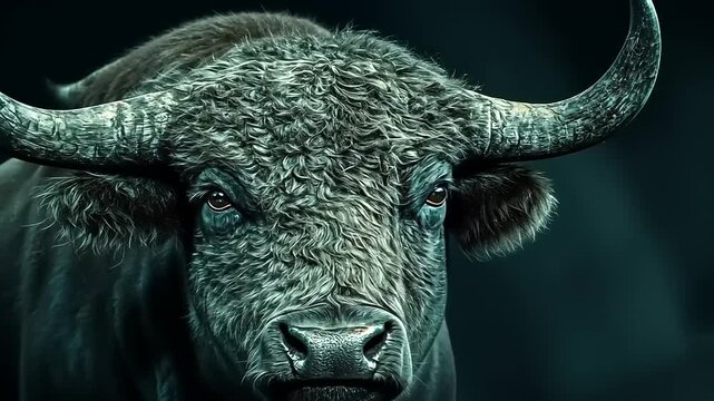 Majestic Bull Close-Up: Captivating Portrait of a Powerful Beast, with Dark Background