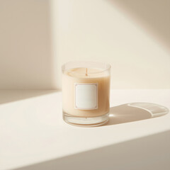 Beige scented candle placed on a smooth surface in bright sunlight