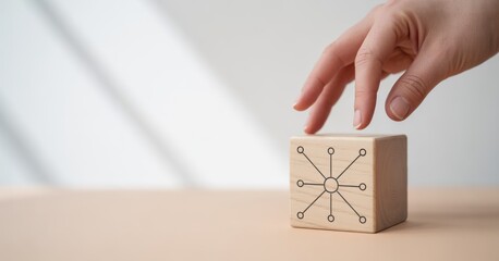 Networking Concept with Hand and Cube: A hand delicately interacts with a cube, featuring a network design, symbolizing interconnectedness, communication, and digital connections.