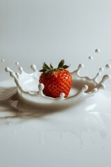 Splash of milk around a juicy strawberry in a minimalistic setting