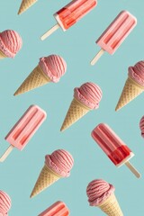 Delightful mix of pink strawberry ice cream cones and popsicles for summer fun