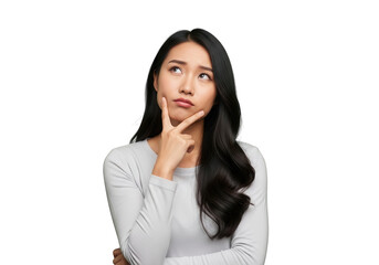 Young asian woman pondering deeply with finger on chin against
