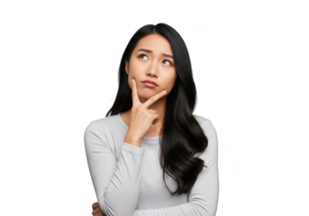 Young asian woman pondering deeply with finger on chin against