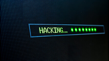 "HACKING..." progress bar on a pixelated screen, a concept for cybersecurity, data breach, and cybercrime