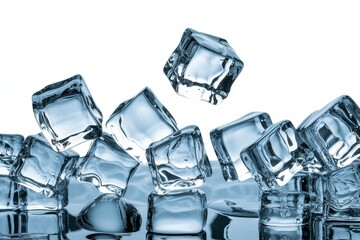 Ice cubes fragmenting in mid-air with bright background