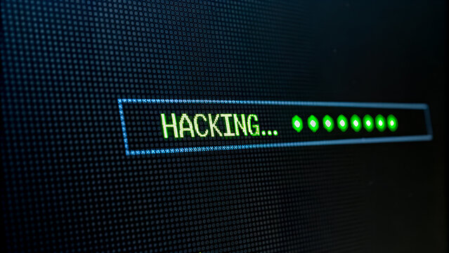 "HACKING..." progress bar on a pixelated screen, a concept for cybersecurity, data breach, and cybercrime