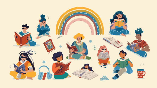 a diverse group of children and young adults engrossed in reading. They are scattered around a stylized rainbow, surrounded by books, butterflies, and small decorative elements - Powered by Adobe