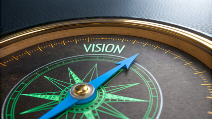 A conceptual compass with a blue arrow pointing to the word "VISION," symbolizing business strategy and future goals