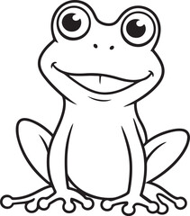 Cute frog sitting and smiling, simple cartoon outline, suitable for children’s book art