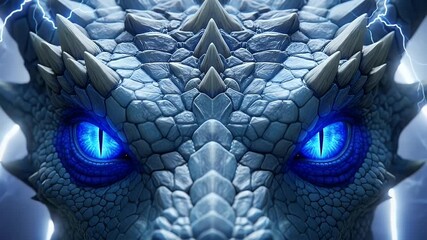Close up of a fantasy dragon head with intense blue eyes and lightning background