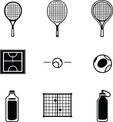 A collection of sports equipment icons including tennis rackets ball court and water bottles displayed