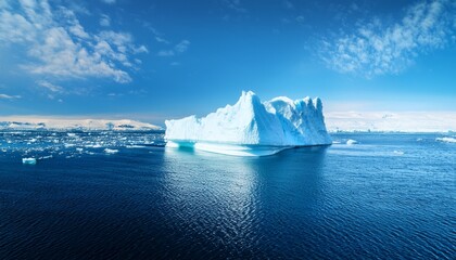 towering melting iceberg in arctic icy ocean snow covered glacier drift blue sunny sky
