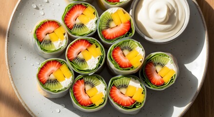Refreshing Fruit Spring Rolls with Kiwi, Strawberry, Mango, and Cream Cheese, Wrapped in Rice Paper and Served with Yogurt Dip, A Healthy and Colorful Dessert for Summer or Brunch

