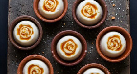 Elegant Caramel Pudding Cups with Creamy Texture and Swirled Caramel Topping, Served in Individual Pots for a Sophisticated Dessert Experience at Gatherings, Parties, or Fine Dining Events

