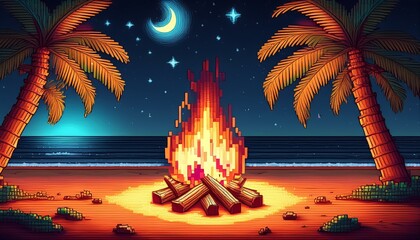 pixel art bonfire on sandy beach under starry sky with palm trees at night