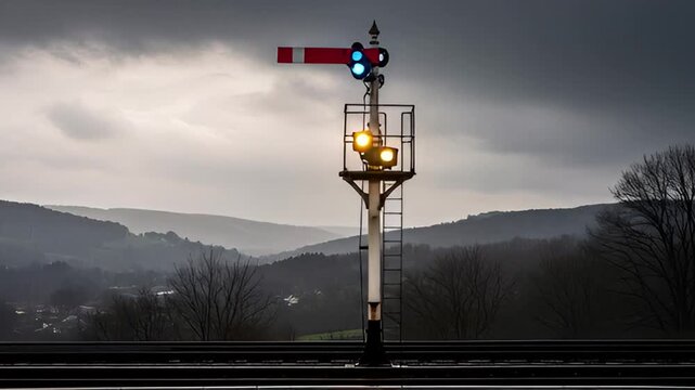 Vintage Railway Signal with Yellow Lights Under Overcast Sky