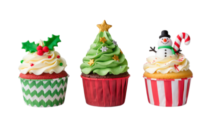 Christmas cupcakes with festive decorations including holly, Christmas tree, and snowman isolated on white or transparent background.