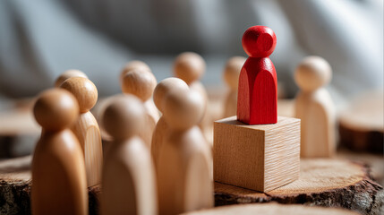 Leadership individuality concept red wooden figure standing elevated on block surrounded by natural wooden figures leader representation uniqueness distinction teamwork