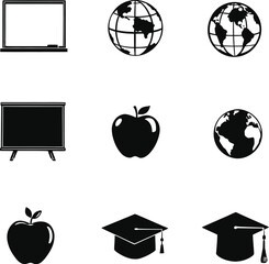 A collection of education icons including a chalkboard globes apples and graduation caps in black and white