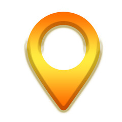 3D golden map pointer icon with a shiny metallic round design