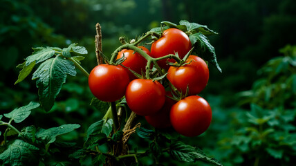 A close-up photograph of a bunch of ripe red tomatoes growing on a green plant