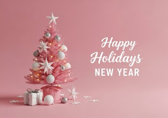 Festive pink christmas tree with gifts and holiday greetings