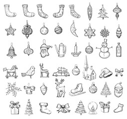 Christmas set icons doodle hand drawn, clipart eve xmas.