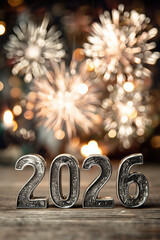 celebrate 2026 fireworks with silver numbers standing against sky with sparkling bokeh view background, closeup, new years eve day, silvester, prosit, portrait format, photorealistic