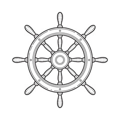 Vintage nautical ship s wheel illustration with spokes and handles on white background © MDMINTU