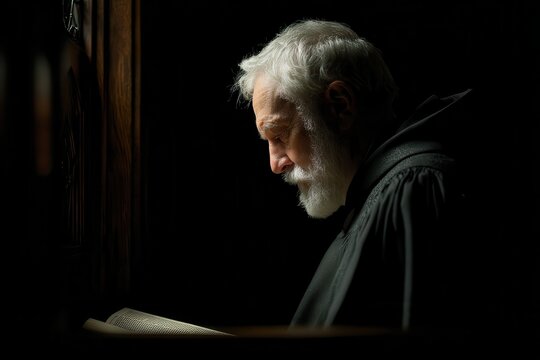 an elderly Catholic priest  sitting inside a dark wooden confessional booth, holding a Bible