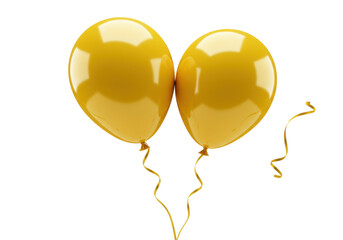 Two vibrant golden yellow, glossy, reflective party balloons with flowing ribbons, perfectly spherical, isolated against an immaculate transparent seamless studio background, elegant birthday