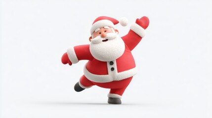 Animated 3d santa claus character presenting a cheerful and festive mood, balancing on one foot with an arm raised, celebrating the winter holiday season