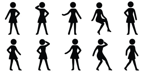 Stickman female posing silhouette collection, Elegant woman stick figure model poses, Minimal female stickman fashion illustration