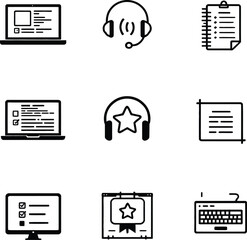 Collection of black and white icons representing online business and communication tools set on white