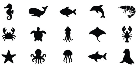 Ocean animal silhouette set, Marine creature vector collection, Minimal sea life silhouette illustration © creatix