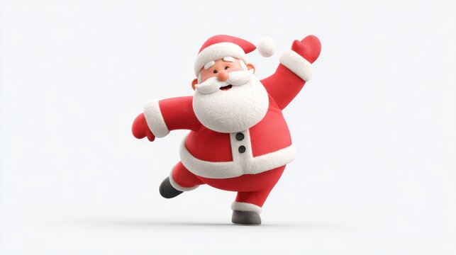 Animated 3d santa claus character presenting a cheerful and festive mood, balancing on one foot with an arm raised, celebrating the winter holiday season