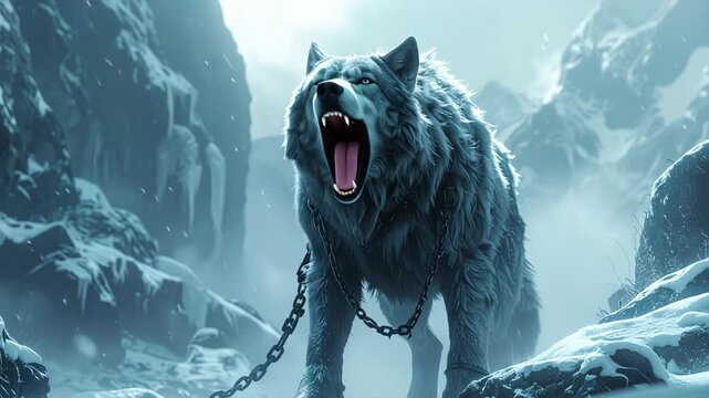 Fenrir &ndash; Giant Wolf Chained Among Icy Rocks, Snowstorm, Cinematic Depth, Norse Mythology